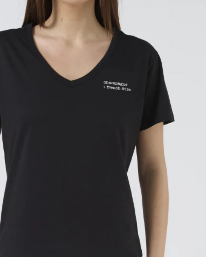 Stella and Gemma V Neck Champagne & Fries Black Villa T Shirt