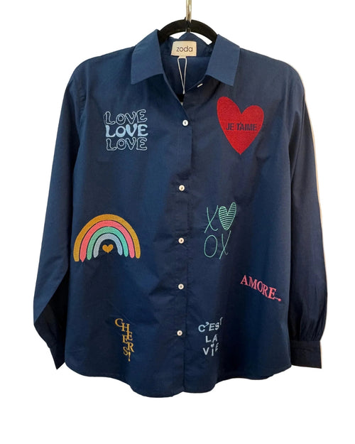 Zoda Navy Embroidered Shirt Love Je T'aime