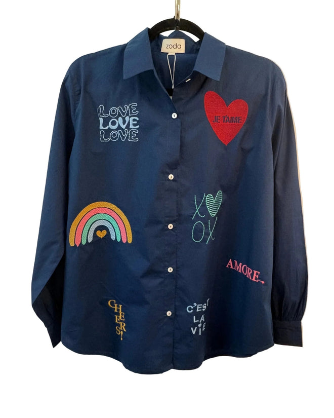 Zoda Navy Embroidered Shirt Love Je T'aime