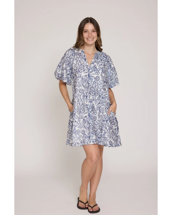 PREORDER - Stella and Gemma Bertina Dress Navy Hibiscus DUE OCTOBER
