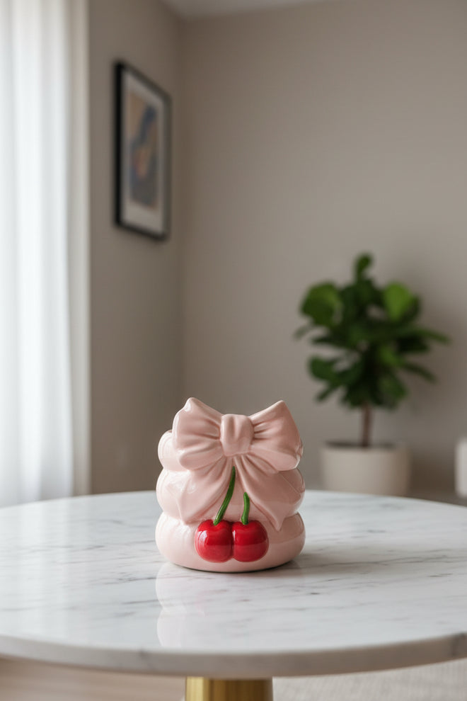 Cherry Bow Planter Pink and Red 16cm