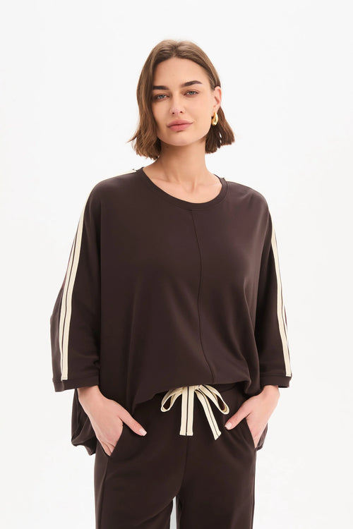 Tirelli Chocolate with Cream Stripe Oversized 3/4 Stripe Sleeve T Shirt
