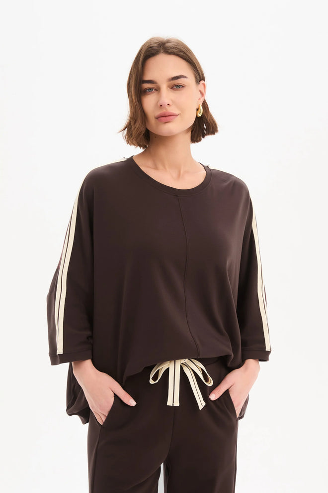 Tirelli Chocolate with Cream Stripe Oversized 3/4 Stripe Sleeve T Shirt
