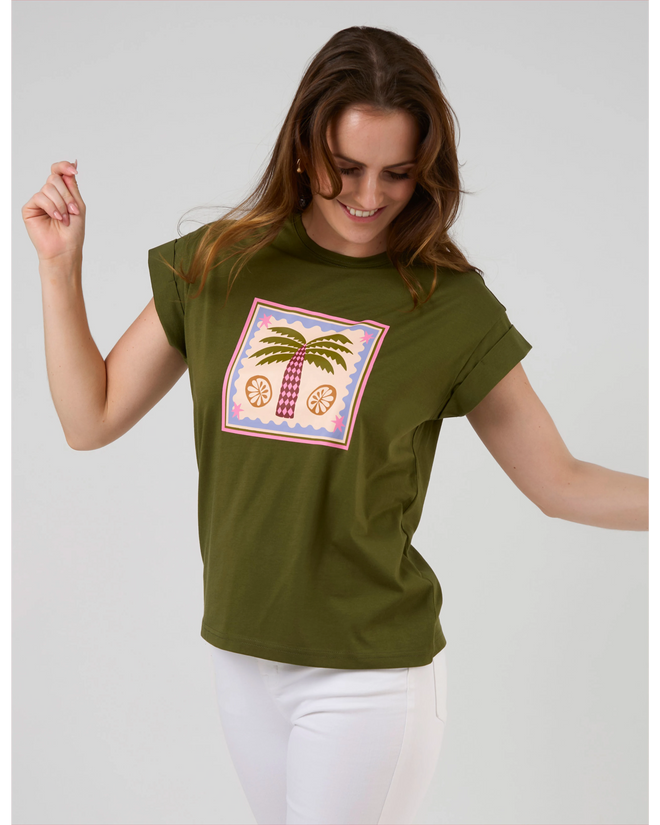 Stella and Gemma Cuff Tee Khaki Palm