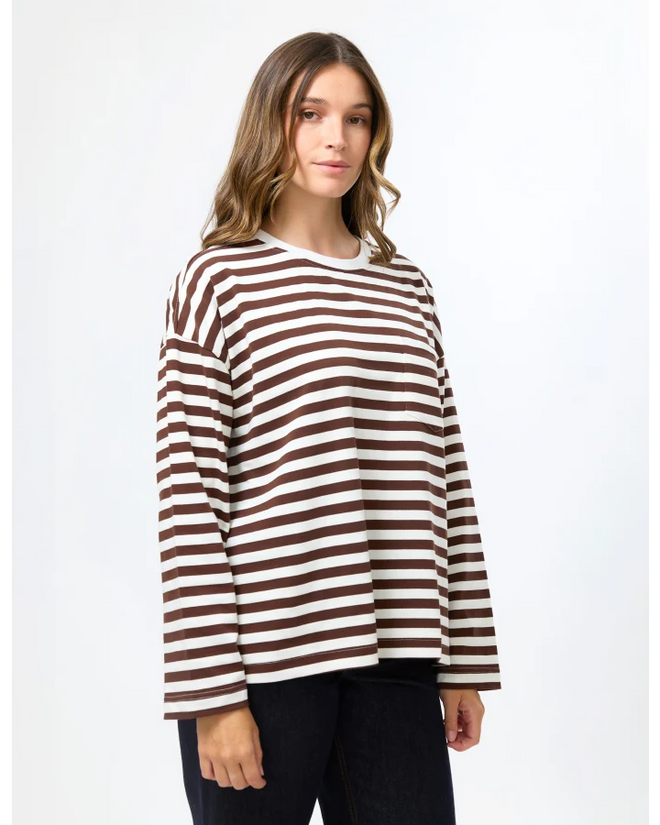 Stella and Gemma Drop Shoulder Tee Choc Stripe