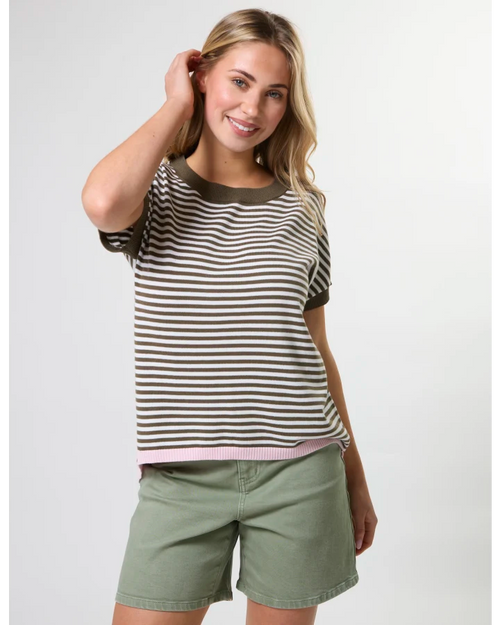 Stella and Gemma Laneway Pocket Top Khaki White Stripe