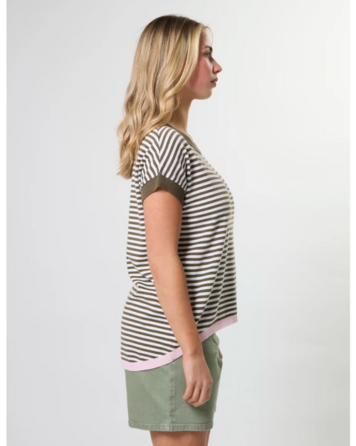 Stella and Gemma Laneway Pocket Top Khaki White Stripe