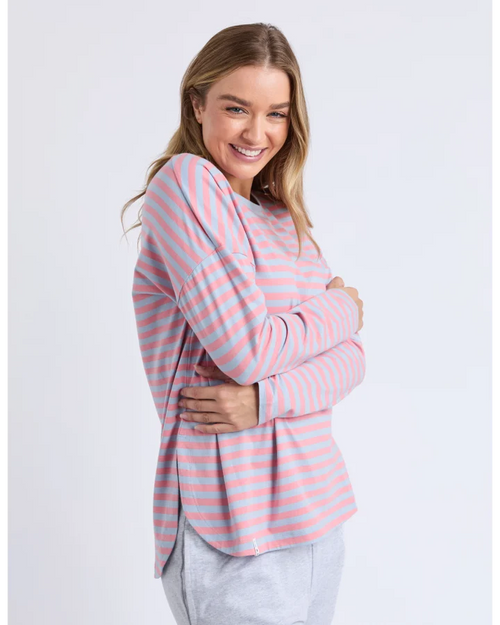 Elm Lauren Long Sleeve T Shirt Sky Blue Pink Stripe