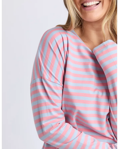 Elm Lauren Long Sleeve T Shirt Sky Blue Pink Stripe