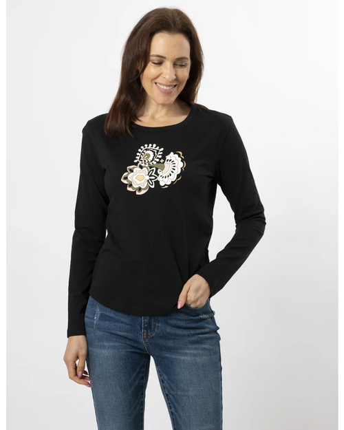Stella and Gemma Folk Floral Black Long Sleeve T Shirt