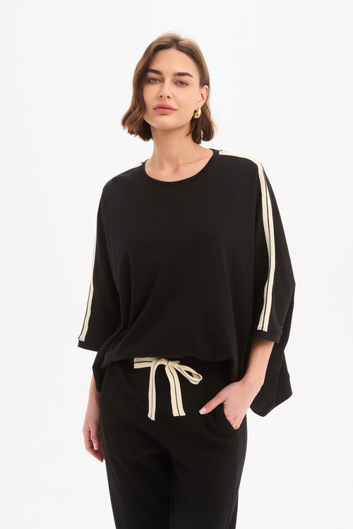 Tirelli Black with Cream Oversized 3/4 Stripe Sleeve T Shirt