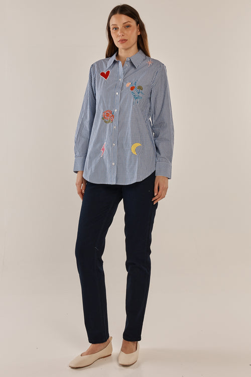 Betty Basics Amelia Shirt  Floral Navy Stripe