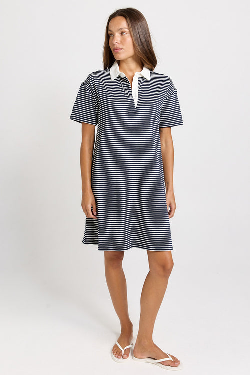 Betty Basics Freddy Polo Dress Navy White Stripe