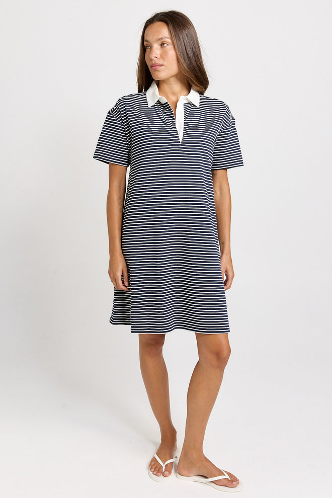 Betty Basics Freddy Polo Dress Navy White Stripe