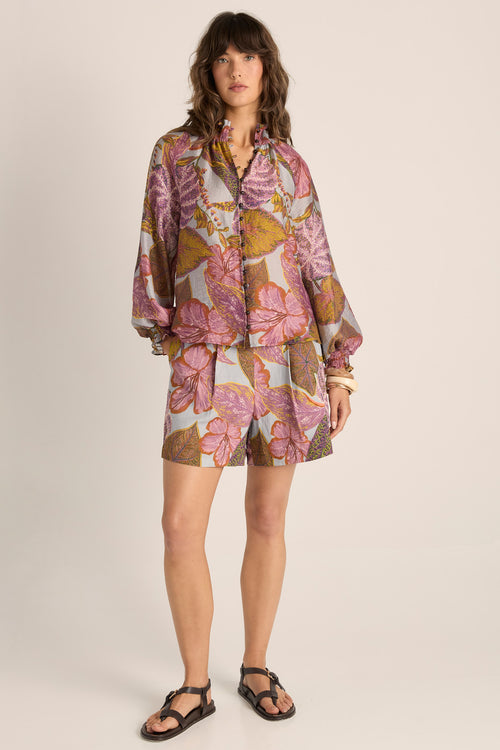 Fate and Becker Daria Shirred Blouse Leaf Print