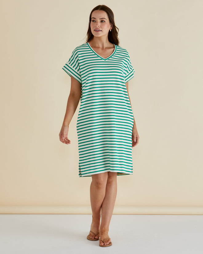 Betty Basics Elise V Neck Rib Dress Green Stripe