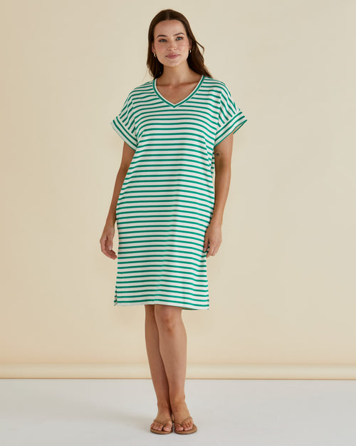 Betty Basics Elise V Neck Rib Dress Green Stripe