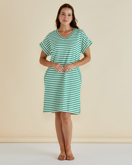 Betty Basics Elise V Neck Rib Dress Green Stripe
