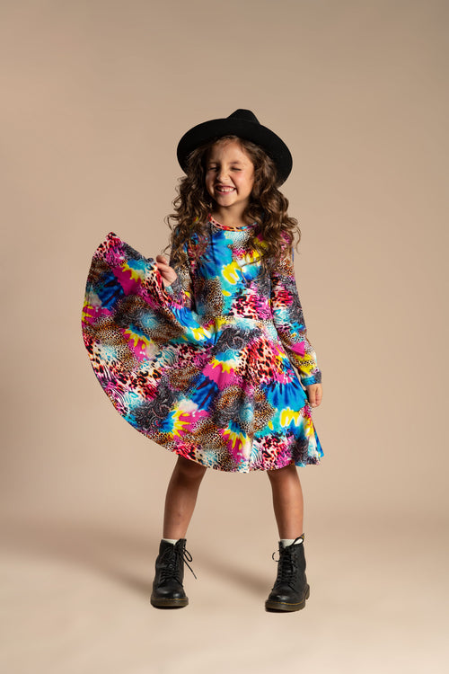 Rock Your Kids Abstract Leopard Long Sleeve Waisted Dress