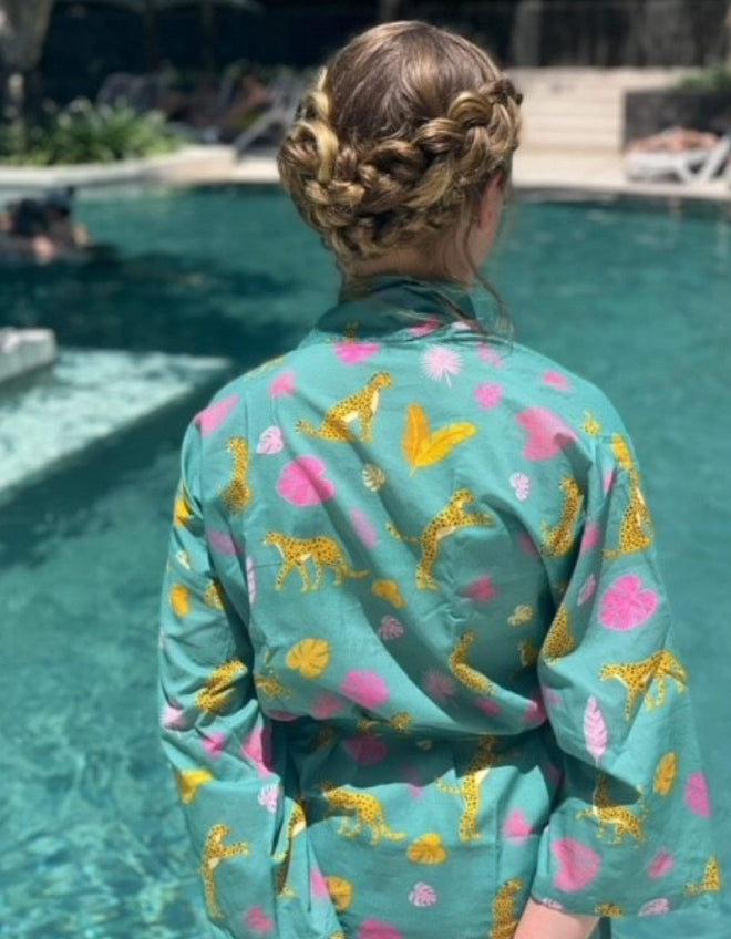 Cheeky Cheetah Kimono Robe Palm Green