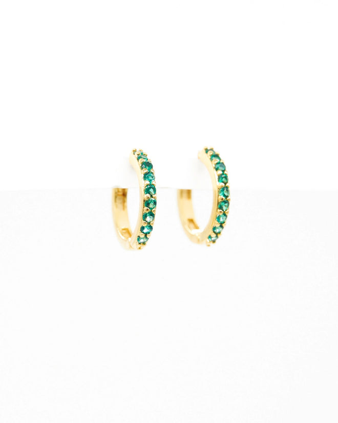 Stella and Gemma Huggie Gold Hoop with Emerald Colour Stones