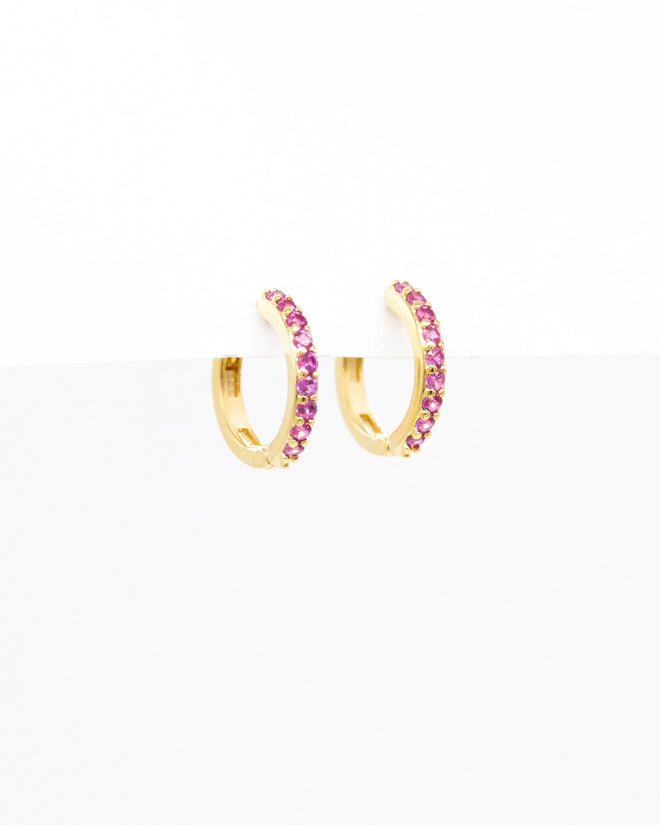 Stella and Gemma Huggie Gold Hoop with Ruby Coloured Stones